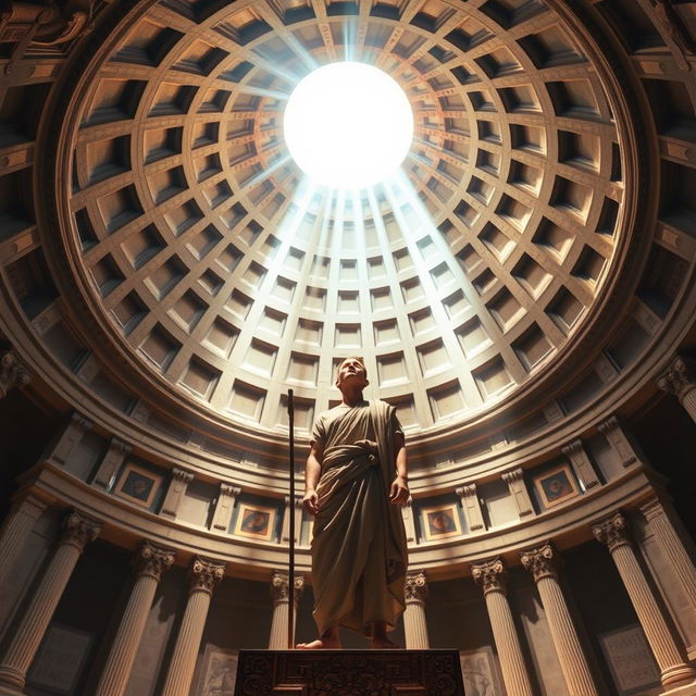 A book cover design in A5 size featuring an interior perspective of the Roman Pantheon dome, prominently displaying the grand oculus above