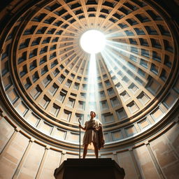 A book cover design in A5 size featuring an interior perspective of the Roman Pantheon dome, prominently displaying the grand oculus above