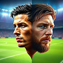 An artistic and creative digital fusion of the faces of Cristiano Ronaldo and Lionel Messi, seamlessly merging their features into one captivating image