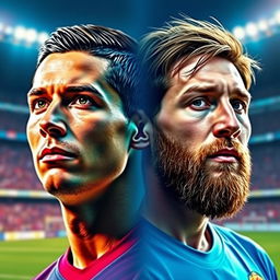An artistic and creative digital fusion of the faces of Cristiano Ronaldo and Lionel Messi, seamlessly merging their features into one captivating image