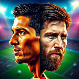 An artistic and creative digital fusion of the faces of Cristiano Ronaldo and Lionel Messi, seamlessly merging their features into one captivating image