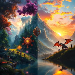 A stunning fantasy landscape blending two worlds: on the left, a lush, vibrant forest teeming with magical creatures, illuminated by soft, ethereal light filtering through the leaves, with sparkling fairy lights floating in the air; on the right, a towering mountain range under a dramatic sunset sky filled with orange and purple hues, reflecting in a serene lake at the foreground