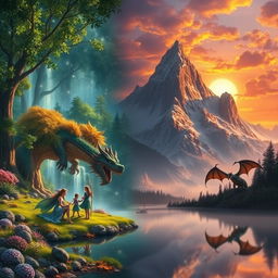A stunning fantasy landscape blending two worlds: on the left, a lush, vibrant forest teeming with magical creatures, illuminated by soft, ethereal light filtering through the leaves, with sparkling fairy lights floating in the air; on the right, a towering mountain range under a dramatic sunset sky filled with orange and purple hues, reflecting in a serene lake at the foreground