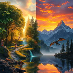 A stunning fantasy landscape blending two worlds: on the left, a lush, vibrant forest teeming with magical creatures, illuminated by soft, ethereal light filtering through the leaves, with sparkling fairy lights floating in the air; on the right, a towering mountain range under a dramatic sunset sky filled with orange and purple hues, reflecting in a serene lake at the foreground
