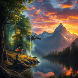 A stunning fantasy landscape blending two worlds: on the left, a lush, vibrant forest teeming with magical creatures, illuminated by soft, ethereal light filtering through the leaves, with sparkling fairy lights floating in the air; on the right, a towering mountain range under a dramatic sunset sky filled with orange and purple hues, reflecting in a serene lake at the foreground