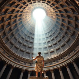 A book cover design in A5 size featuring an ultra-realistic interior view of the Roman Pantheon dome, capturing the grandeur of the architecture with meticulous detail