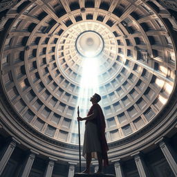 A book cover design in A5 size featuring an ultra-realistic interior view of the Roman Pantheon dome, capturing the grandeur of the architecture with meticulous detail
