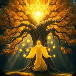 A mystical depiction of the Spirit of the Yolkoles Tree, a fantastical tree with a majestic presence