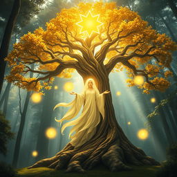 A mystical depiction of the Spirit of the Yolkoles Tree, a fantastical tree with a majestic presence
