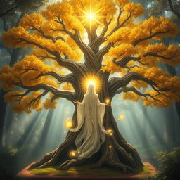 A mystical depiction of the Spirit of the Yolkoles Tree, a fantastical tree with a majestic presence