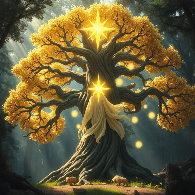 A mystical depiction of the Spirit of the Yolkoles Tree, a fantastical tree with a majestic presence