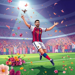 An illustration of a celebratory scene featuring a floral arrangement inspired by wedding themes, depicted in a vibrant and energetic soccer celebration