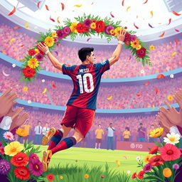 An illustration of a celebratory scene featuring a floral arrangement inspired by wedding themes, depicted in a vibrant and energetic soccer celebration