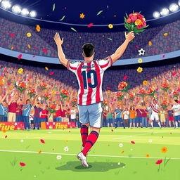 An illustration of a celebratory scene featuring a floral arrangement inspired by wedding themes, depicted in a vibrant and energetic soccer celebration