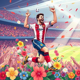 An illustration of a celebratory scene featuring a floral arrangement inspired by wedding themes, depicted in a vibrant and energetic soccer celebration