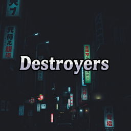 A dark, atmospheric Japanese cityscape at night, illuminated by neon signs and street lamps