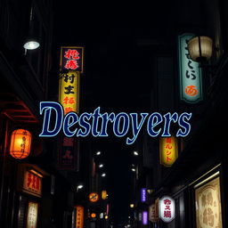 A dark, atmospheric Japanese cityscape at night, illuminated by neon signs and street lamps