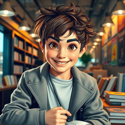 A dynamic and charismatic ENTP boy, with short tousled hair and a stylish urban outfit, exuding confidence and intelligence