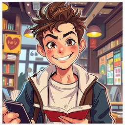 A dynamic and charismatic ENTP boy, with short tousled hair and a stylish urban outfit, exuding confidence and intelligence
