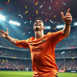 A stunning digital artwork capturing the joyful celebration of Cristiano Ronaldo, showcasing him in a dynamic pose as he spreads his arms wide with a wide smile on his face