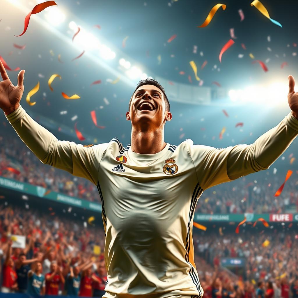 A stunning digital artwork capturing the joyful celebration of Cristiano Ronaldo, showcasing him in a dynamic pose as he spreads his arms wide with a wide smile on his face