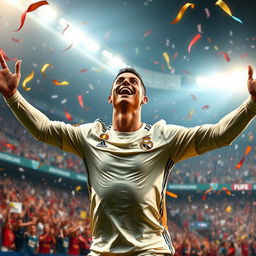 A stunning digital artwork capturing the joyful celebration of Cristiano Ronaldo, showcasing him in a dynamic pose as he spreads his arms wide with a wide smile on his face