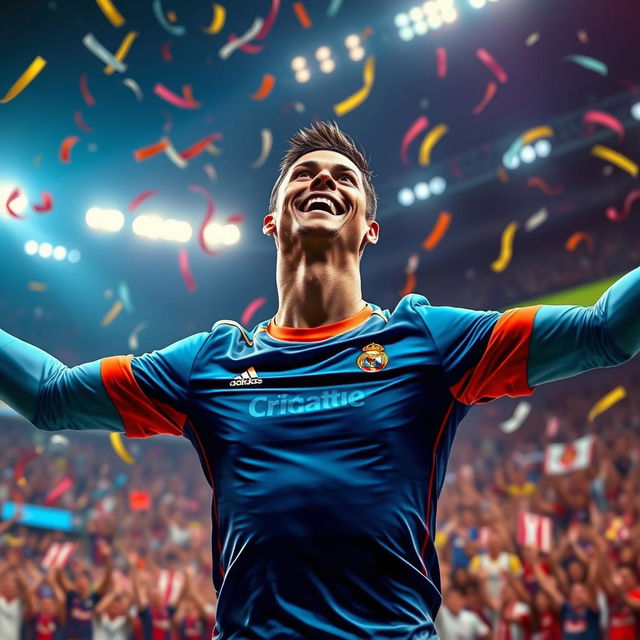 A stunning digital artwork capturing the joyful celebration of Cristiano Ronaldo, showcasing him in a dynamic pose as he spreads his arms wide with a wide smile on his face