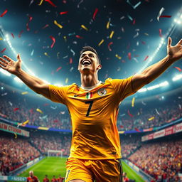 A stunning digital artwork capturing the joyful celebration of Cristiano Ronaldo, showcasing him in a dynamic pose as he spreads his arms wide with a wide smile on his face