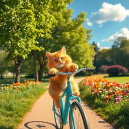 A whimsical scene of a fluffy orange cat joyfully riding a bright blue bicycle down a sunny park path, with green trees and colorful flowers lining the way