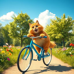 A whimsical scene of a fluffy orange cat joyfully riding a bright blue bicycle down a sunny park path, with green trees and colorful flowers lining the way
