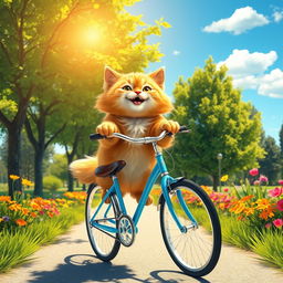 A whimsical scene of a fluffy orange cat joyfully riding a bright blue bicycle down a sunny park path, with green trees and colorful flowers lining the way