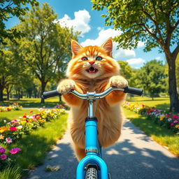 A whimsical scene of a fluffy orange cat joyfully riding a bright blue bicycle down a sunny park path, with green trees and colorful flowers lining the way