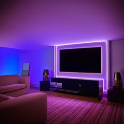 A modern and luxurious TV lounge, featuring a sleek flat-screen TV, minimalist style furniture, ambient LED lighting, and stylish decor.