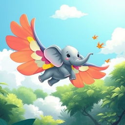 A whimsical and colorful illustration of a flying elephant with large, vibrant wings