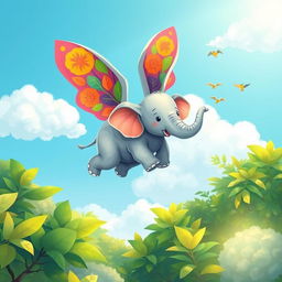 A whimsical and colorful illustration of a flying elephant with large, vibrant wings