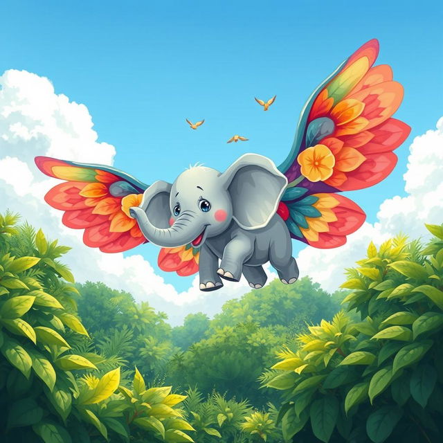 A whimsical and colorful illustration of a flying elephant with large, vibrant wings