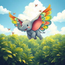 A whimsical and colorful illustration of a flying elephant with large, vibrant wings