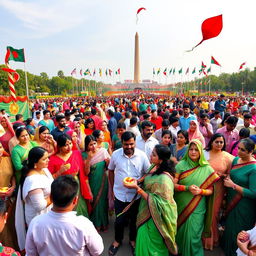 A vibrant celebration of Bangladesh Victory Day, showcasing a diverse group of people dressed in traditional Bangladeshi attire, including sarees and panjabis, gathering in a culturally rich public square decorated with national flags and flowers