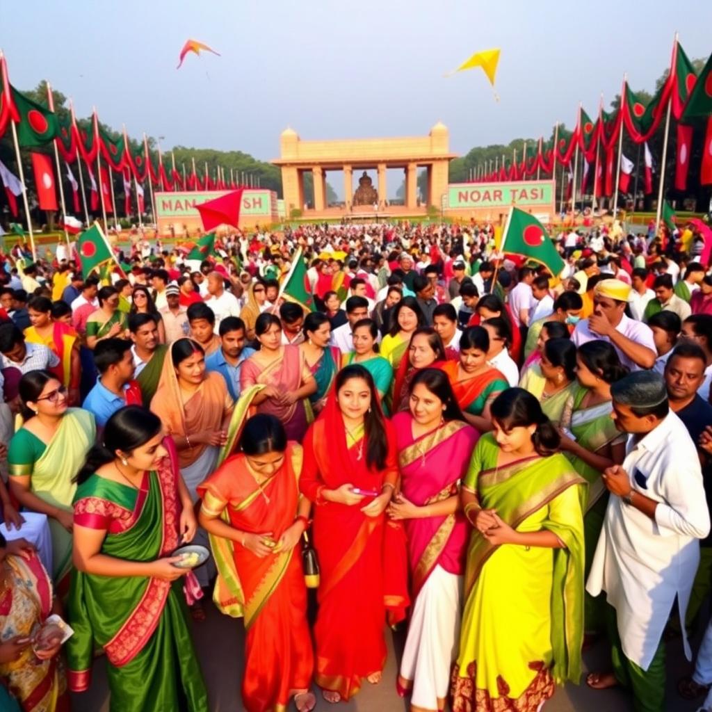 A vibrant celebration of Bangladesh Victory Day, showcasing a diverse group of people dressed in traditional Bangladeshi attire, including sarees and panjabis, gathering in a culturally rich public square decorated with national flags and flowers
