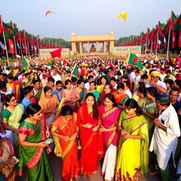 A vibrant celebration of Bangladesh Victory Day, showcasing a diverse group of people dressed in traditional Bangladeshi attire, including sarees and panjabis, gathering in a culturally rich public square decorated with national flags and flowers