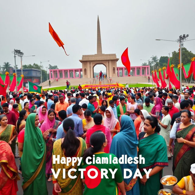 A vibrant celebration of Bangladesh Victory Day, showcasing a diverse group of people dressed in traditional Bangladeshi attire, including sarees and panjabis, gathering in a culturally rich public square decorated with national flags and flowers