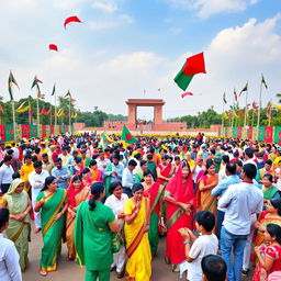 A vibrant celebration of Bangladesh Victory Day, showcasing a diverse group of people dressed in traditional Bangladeshi attire, including sarees and panjabis, gathering in a culturally rich public square decorated with national flags and flowers