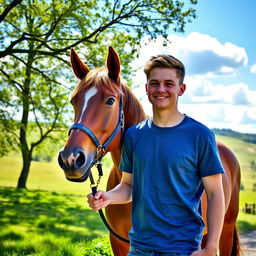 A young man walking alongside a horse, showcasing a serene outdoor setting