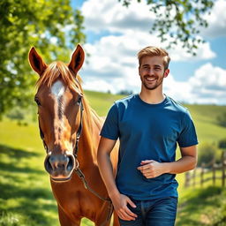 A young man walking alongside a horse, showcasing a serene outdoor setting