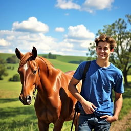 A young man walking alongside a horse, showcasing a serene outdoor setting