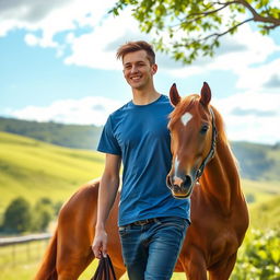 A young man walking alongside a horse, showcasing a serene outdoor setting