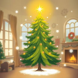 A whimsical depiction of the Spirit of the Christmas Tree, also known as the Spirit of the Yolka, standing majestically with a vibrant and lush evergreen form