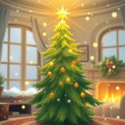 A whimsical depiction of the Spirit of the Christmas Tree, also known as the Spirit of the Yolka, standing majestically with a vibrant and lush evergreen form