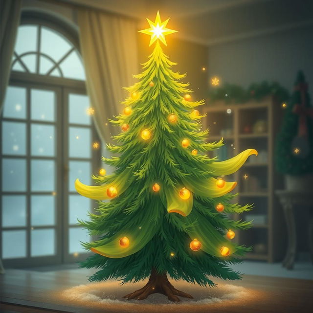 A whimsical depiction of the Spirit of the Christmas Tree, also known as the Spirit of the Yolka, standing majestically with a vibrant and lush evergreen form