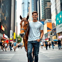 A young man walking in the middle of a bustling city, guiding a horse